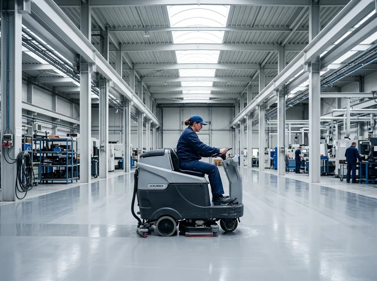 Medewerker reinigt de vloer van een productiehal met een schrobmachine