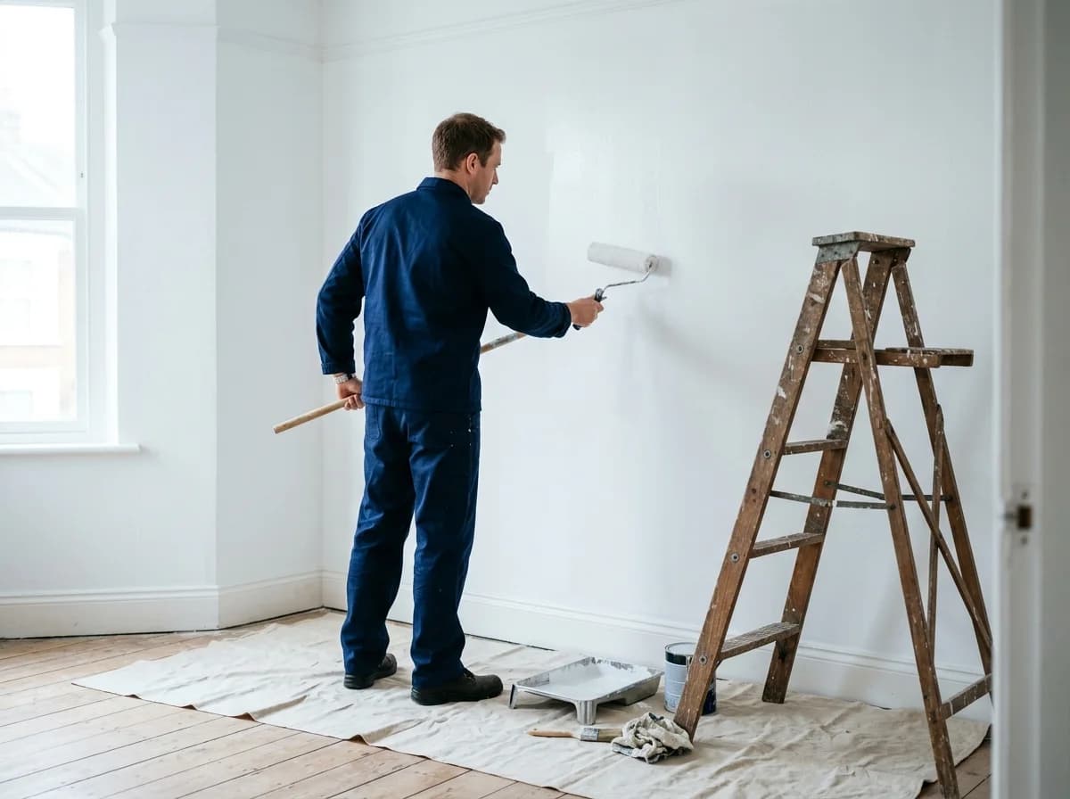 Klusjesman schildert een witte muur met een verfroller