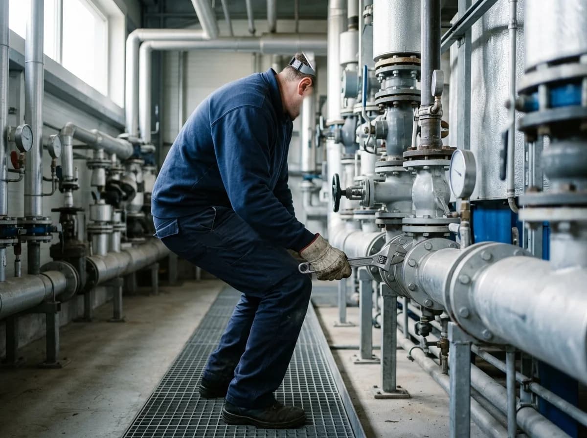 Technieker voert onderhoud uit aan leidingen en kranen in een technische ruimte