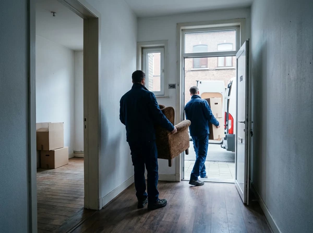 Twee medewerkers dragen dozen en een zetel naar buiten tijdens een ontruiming