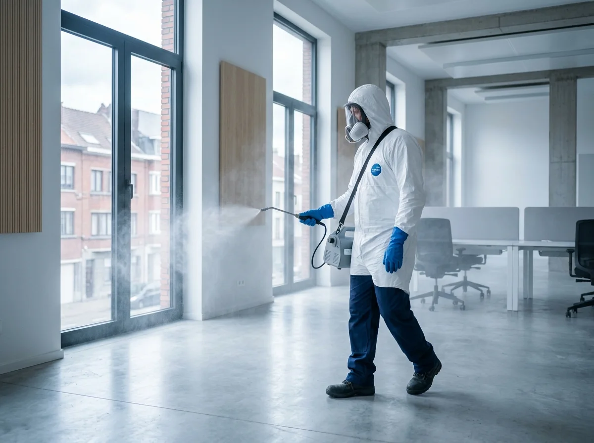 Medewerker in beschermpak ontsmet een lege ruimte met een vernevelaar