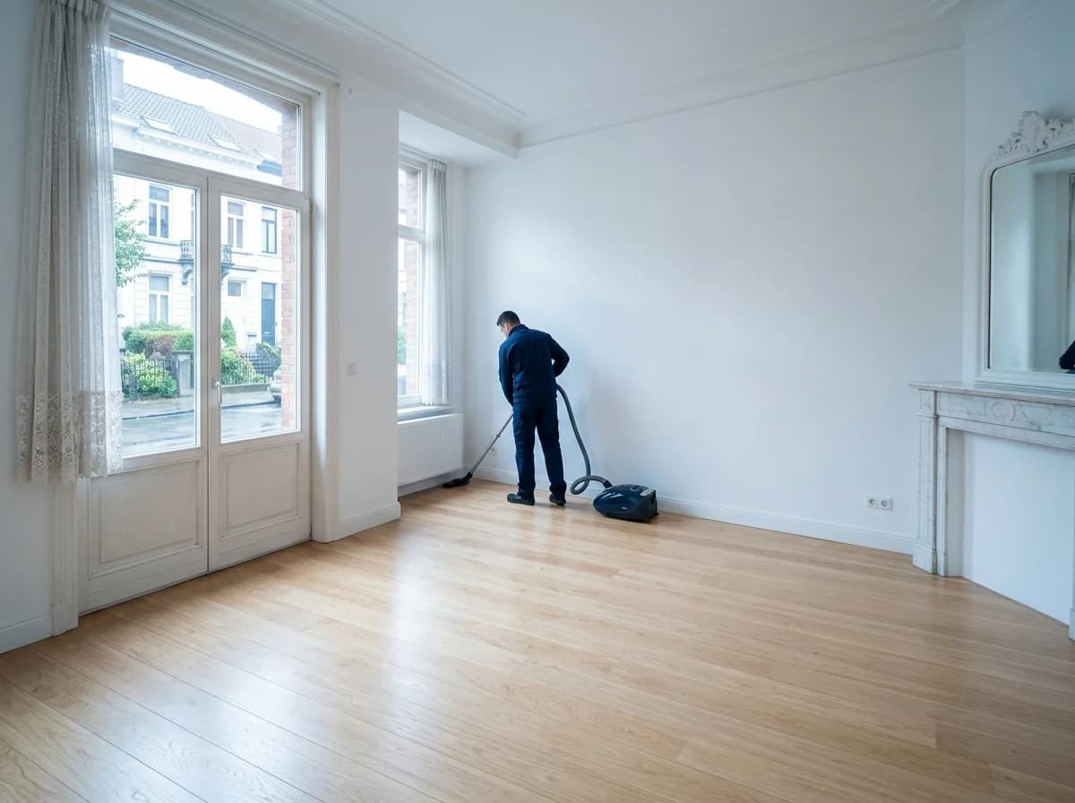 Dezelfde woonkamer, leeg en gereinigd na de ontruiming