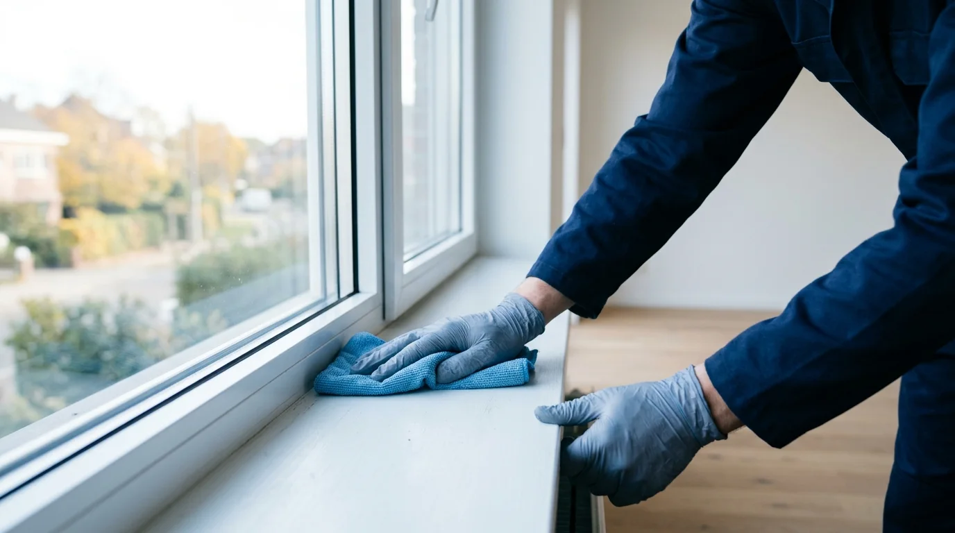 Medewerker reinigt een vensterbank