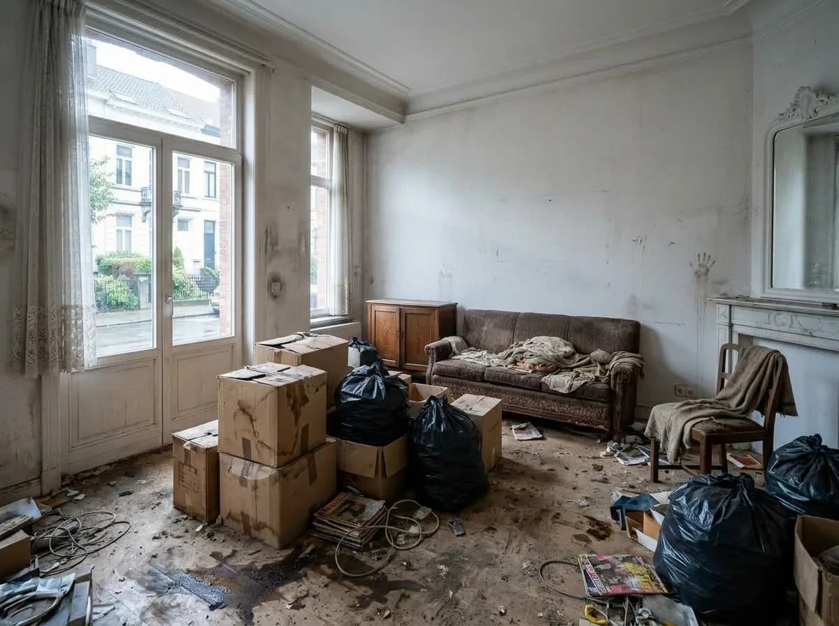Een volle, vervuilde woonkamer voor de ontruiming